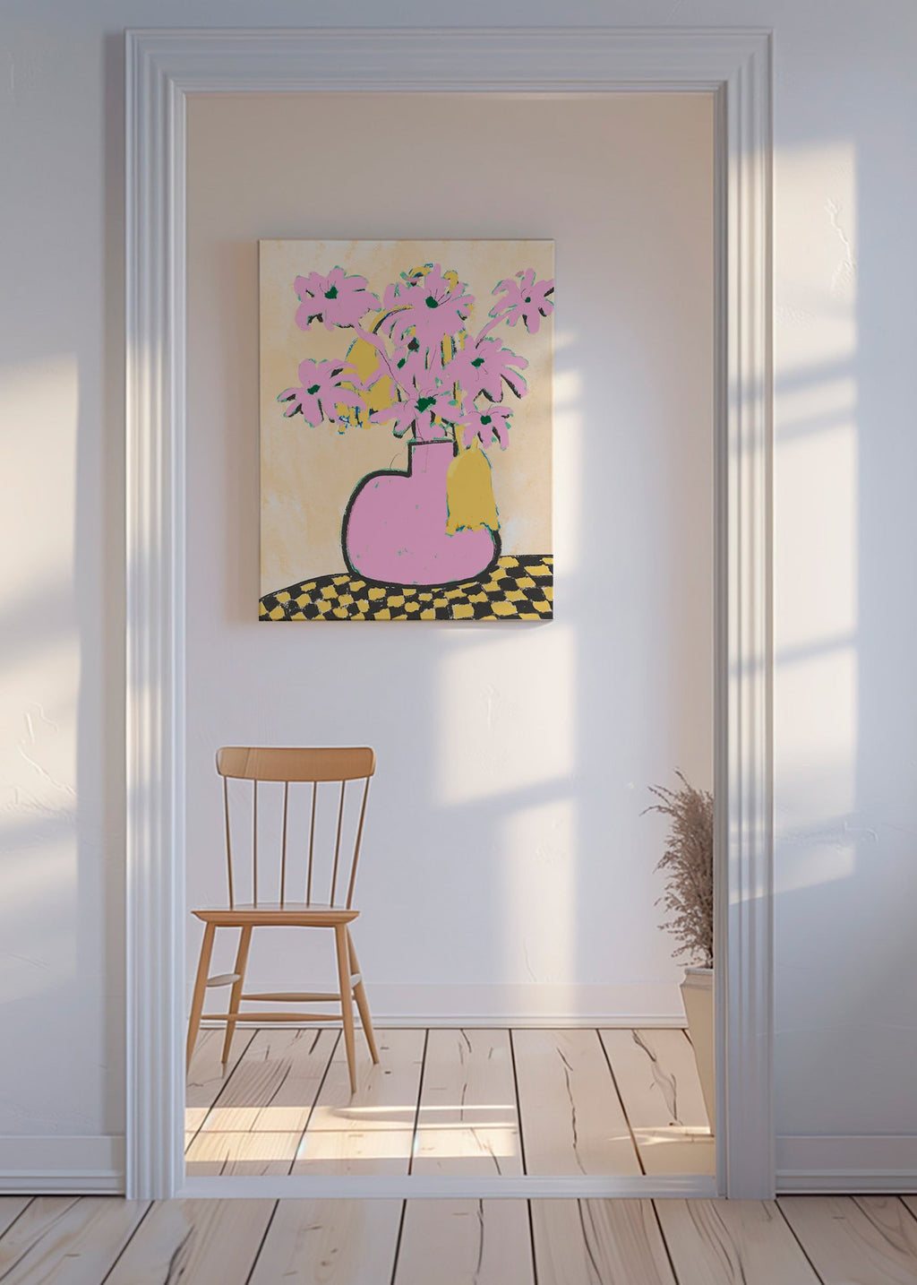 Lámina botánica con jarrón rosa y flores – Canvas