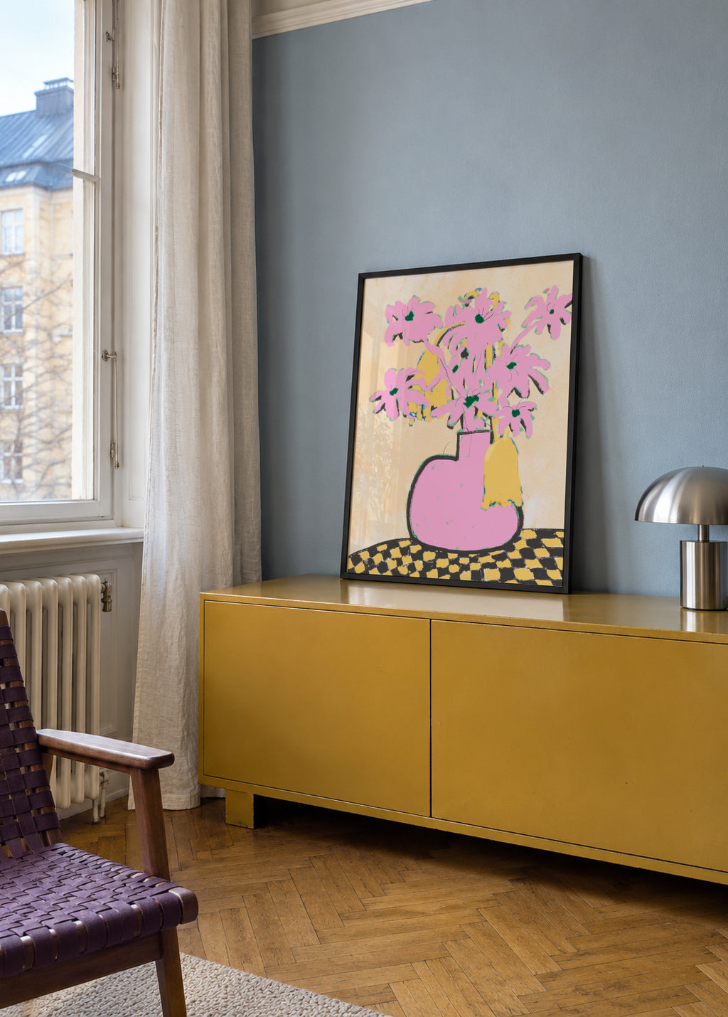 Pink Flowers In A Vase - Framed poster in an interior