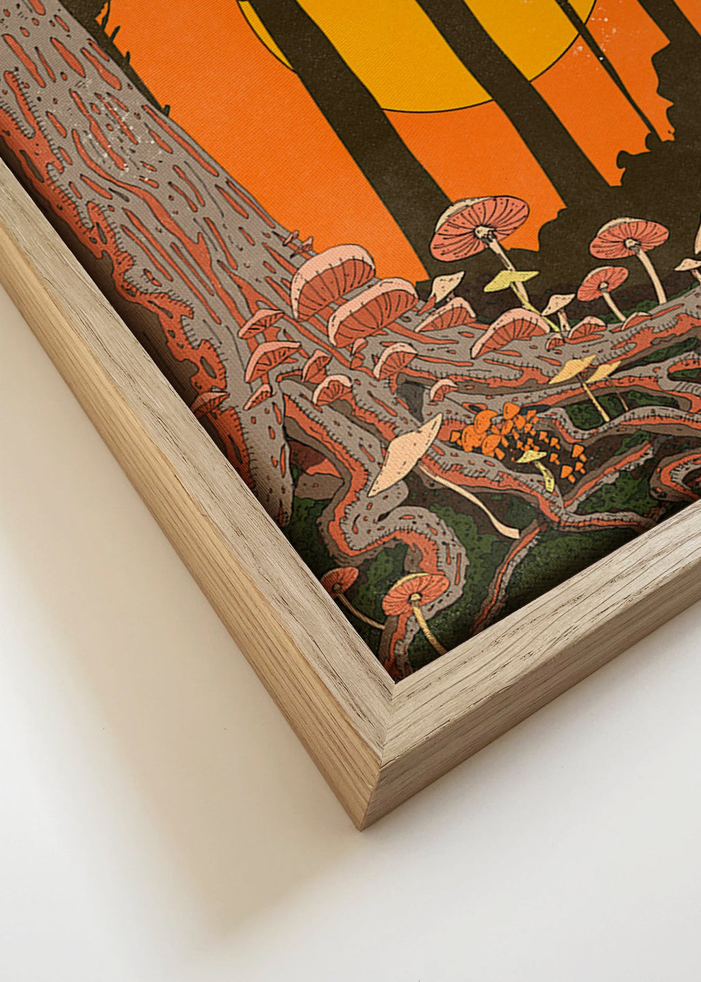 Ilustración de bosque al atardecer con hongos – Canvas detail