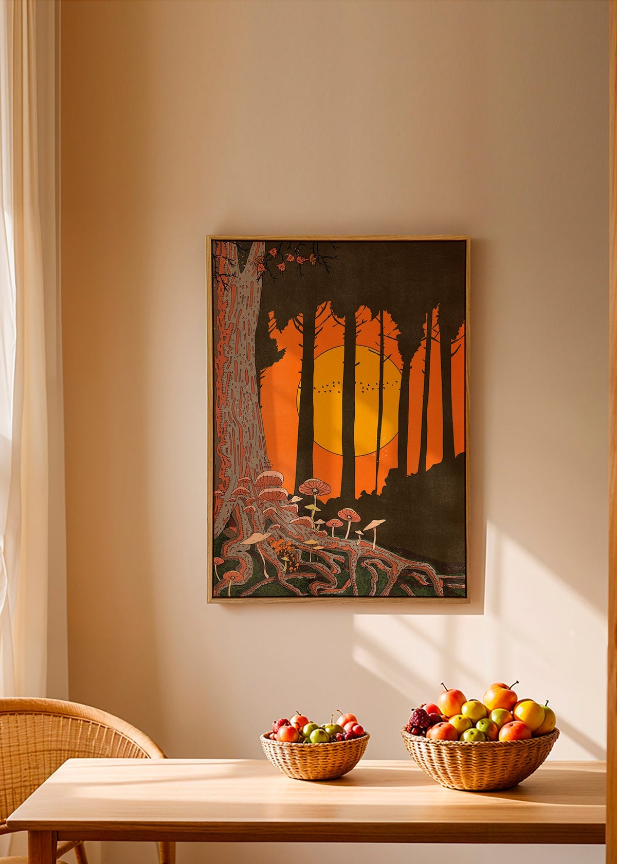 Ilustración de bosque al atardecer con hongos – Canvas1