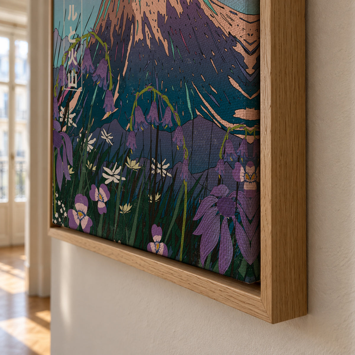 Bluebells and the Volcano - Framed canvas detail