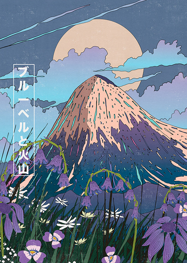 Cuadro de paisaje volcánico con campanillas