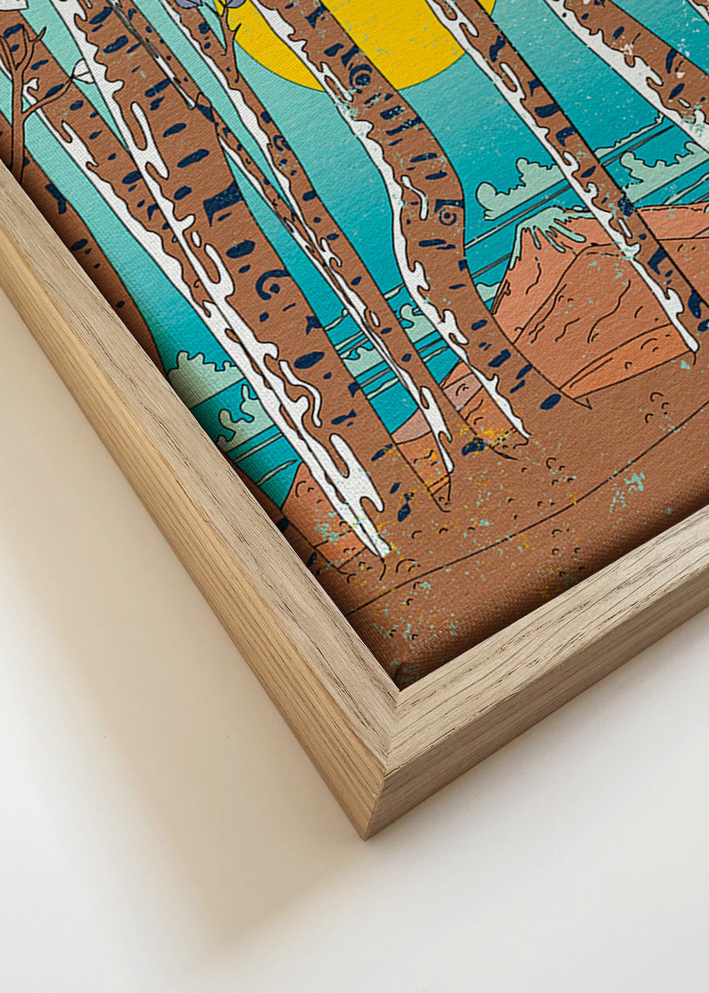 Cuadro de paisaje con abedules japoneses y sol amarillo – Canvas detail