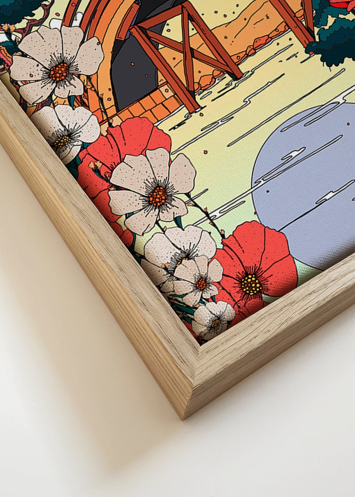 Cuadro de paisaje japonés con puente e hibiscos – Canvas detail