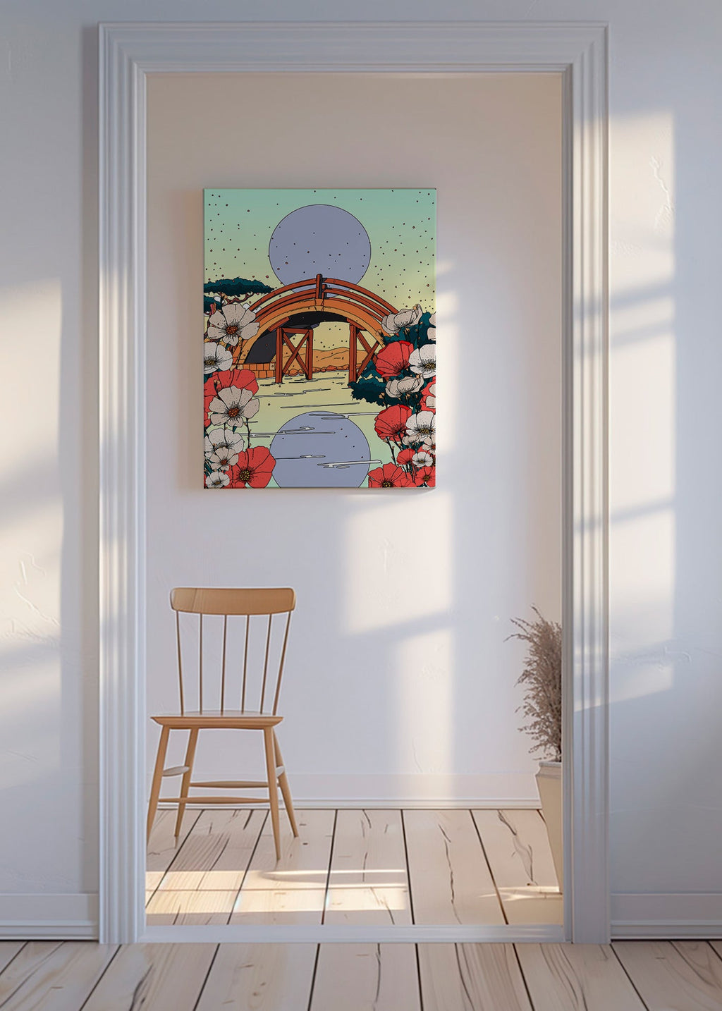 Cuadro de paisaje japonés con puente e hibiscos – Canvas
