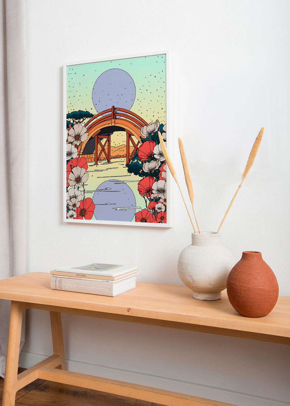 Cuadro de paisaje japonés con puente e hibiscos – Product1