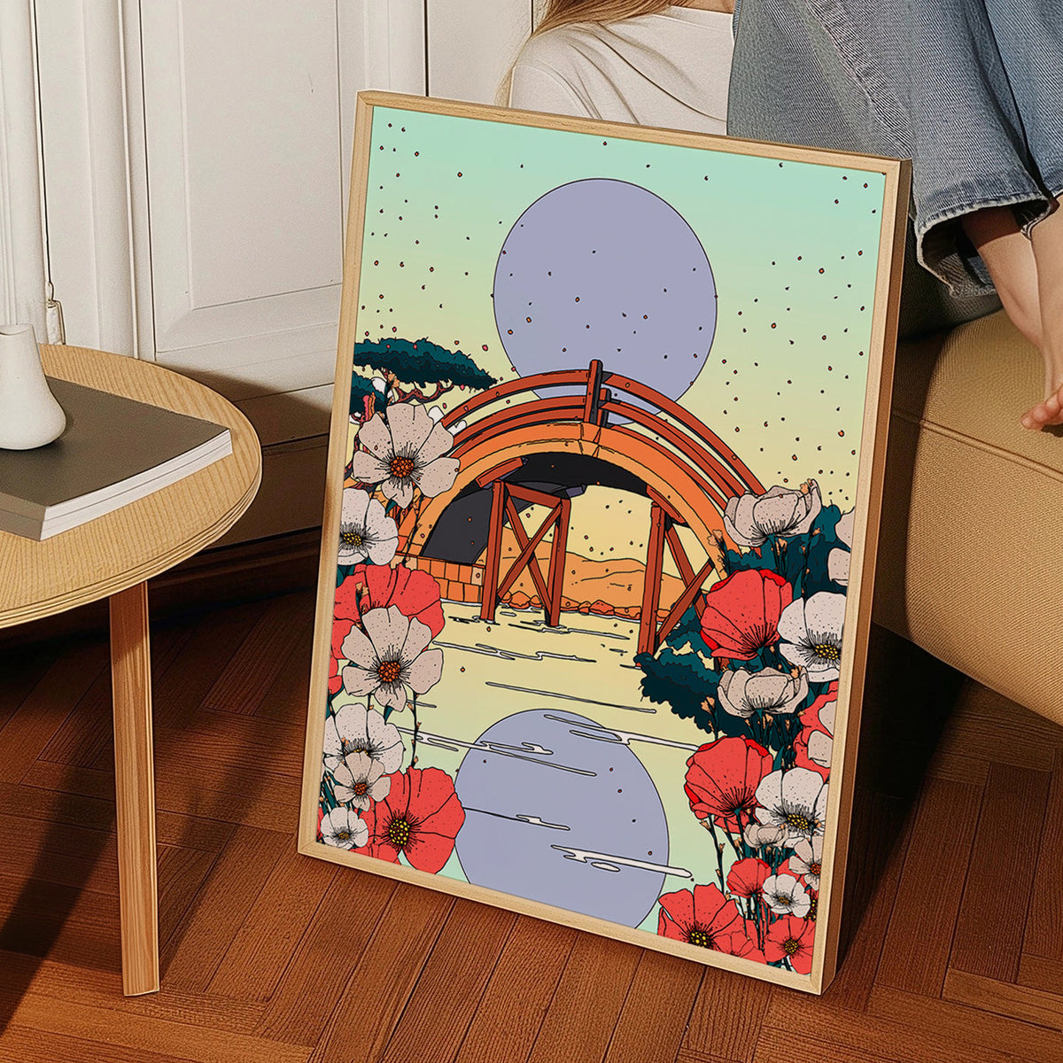 Cuadro de paisaje japonés con puente e hibiscos – Product3