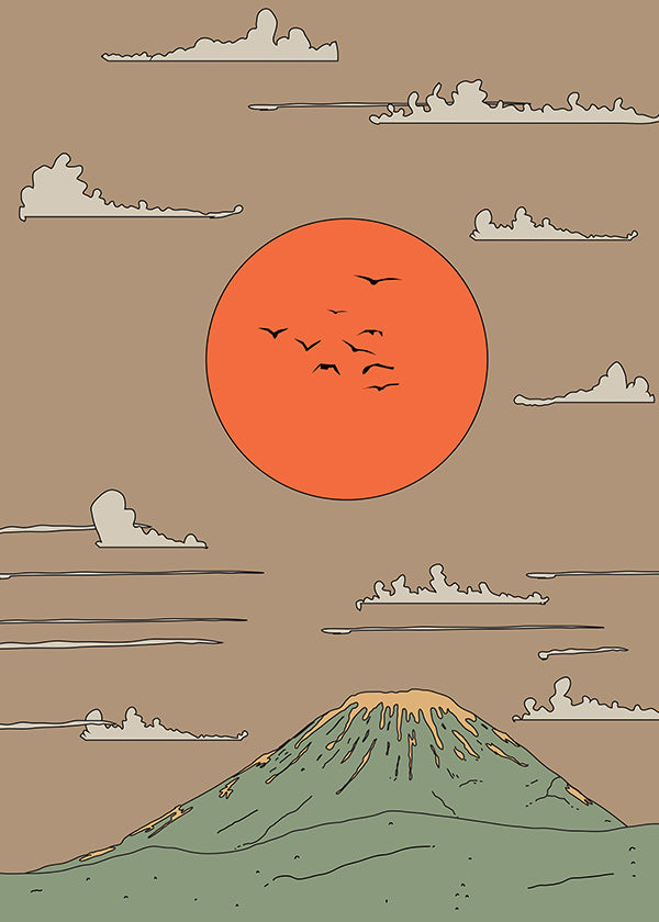 Ilustración japonesa con amanecer y monte estilizado