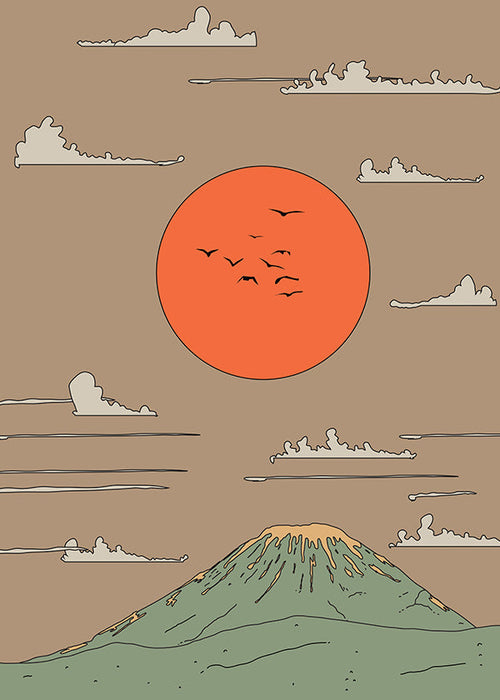 Ilustración japonesa con amanecer y monte estilizado