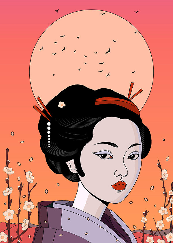 Ilustración geisha en atardecer coral