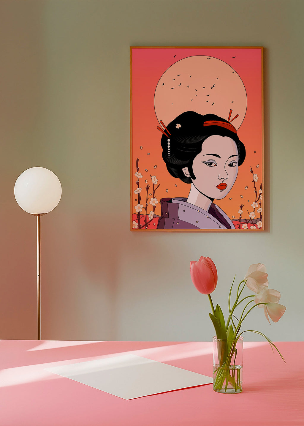 Ilustración geisha en atardecer coral – Product1