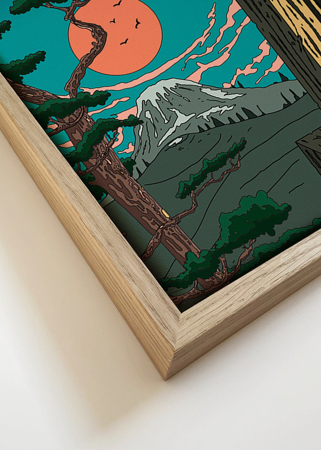 Cuadro de paisaje con pino y monte al atardecer – Canvas detail
