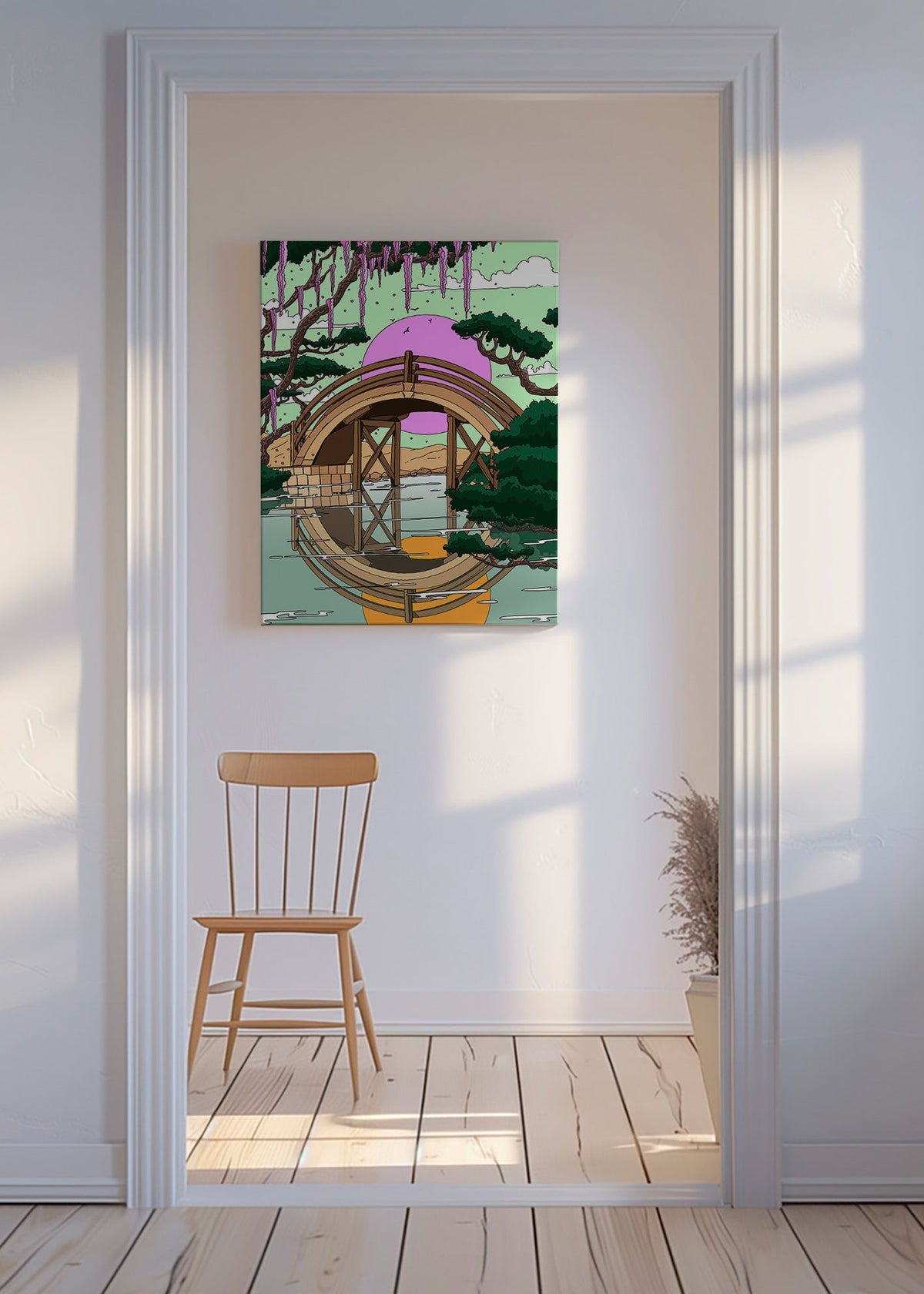 Cuadro de paisaje con puente arqueado y reflejo – Canvas