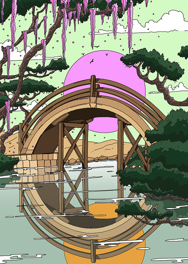 Cuadro de paisaje con puente arqueado y reflejo