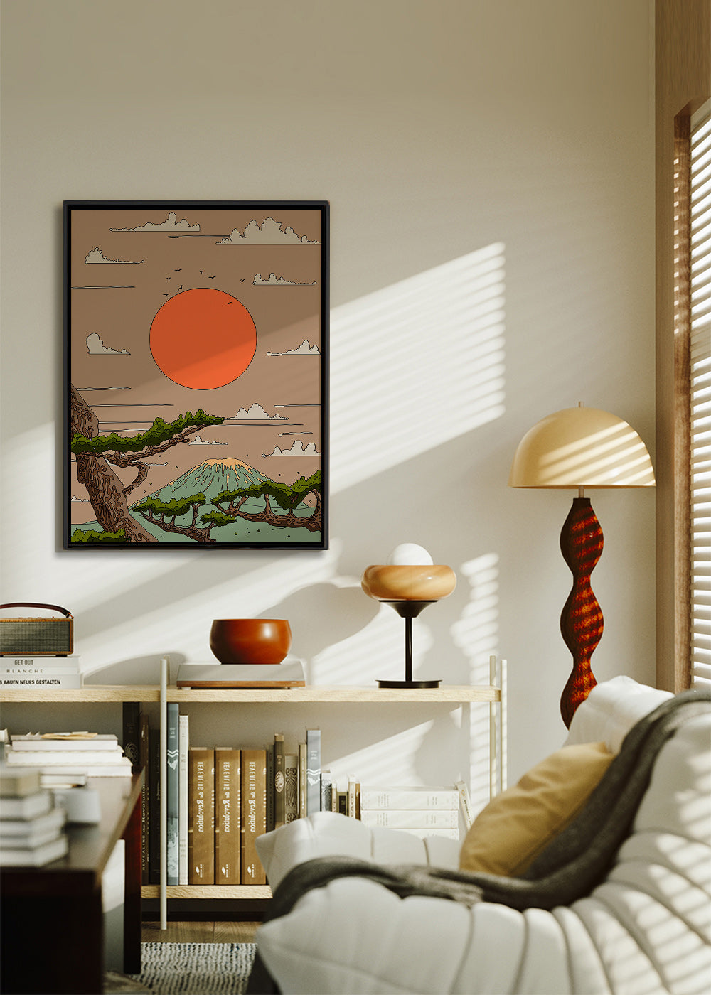 Cuadro de paisaje con sol naranja y pinos estilizados – Canvas1