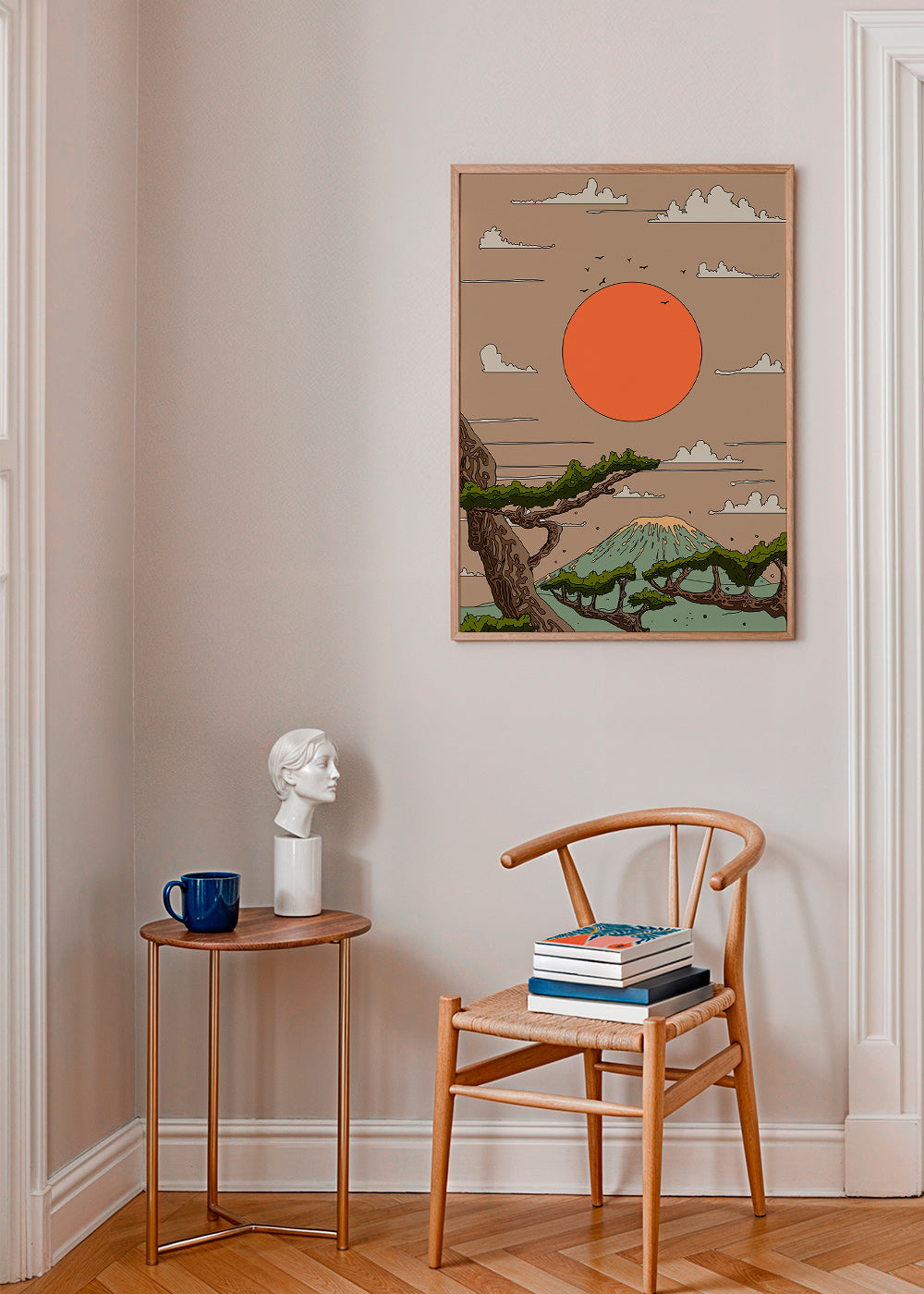 Cuadro de paisaje con sol naranja y pinos estilizados – Product1