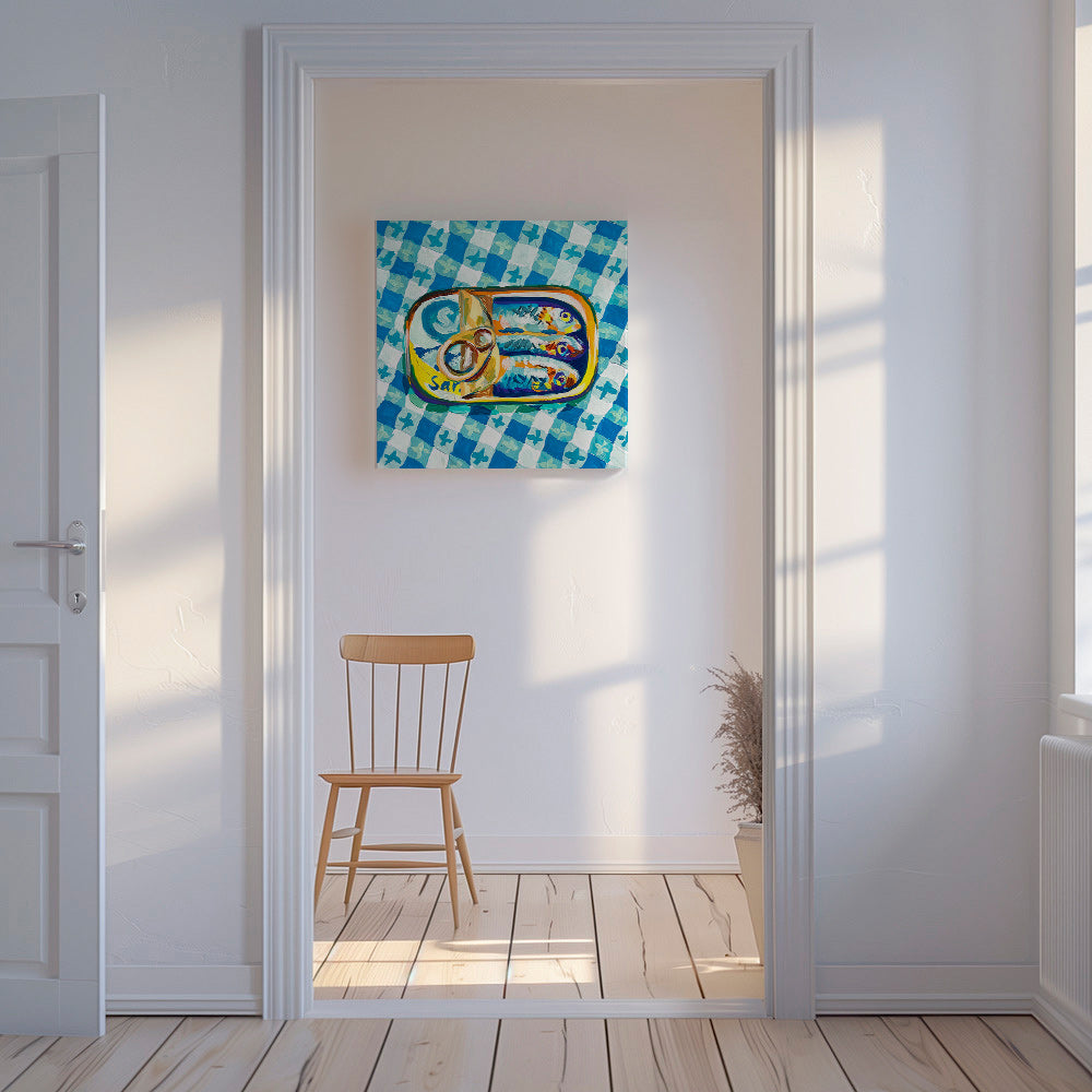 Cuadro de cocina: lata de sardinas sobre mantel a cuadros – Canvas