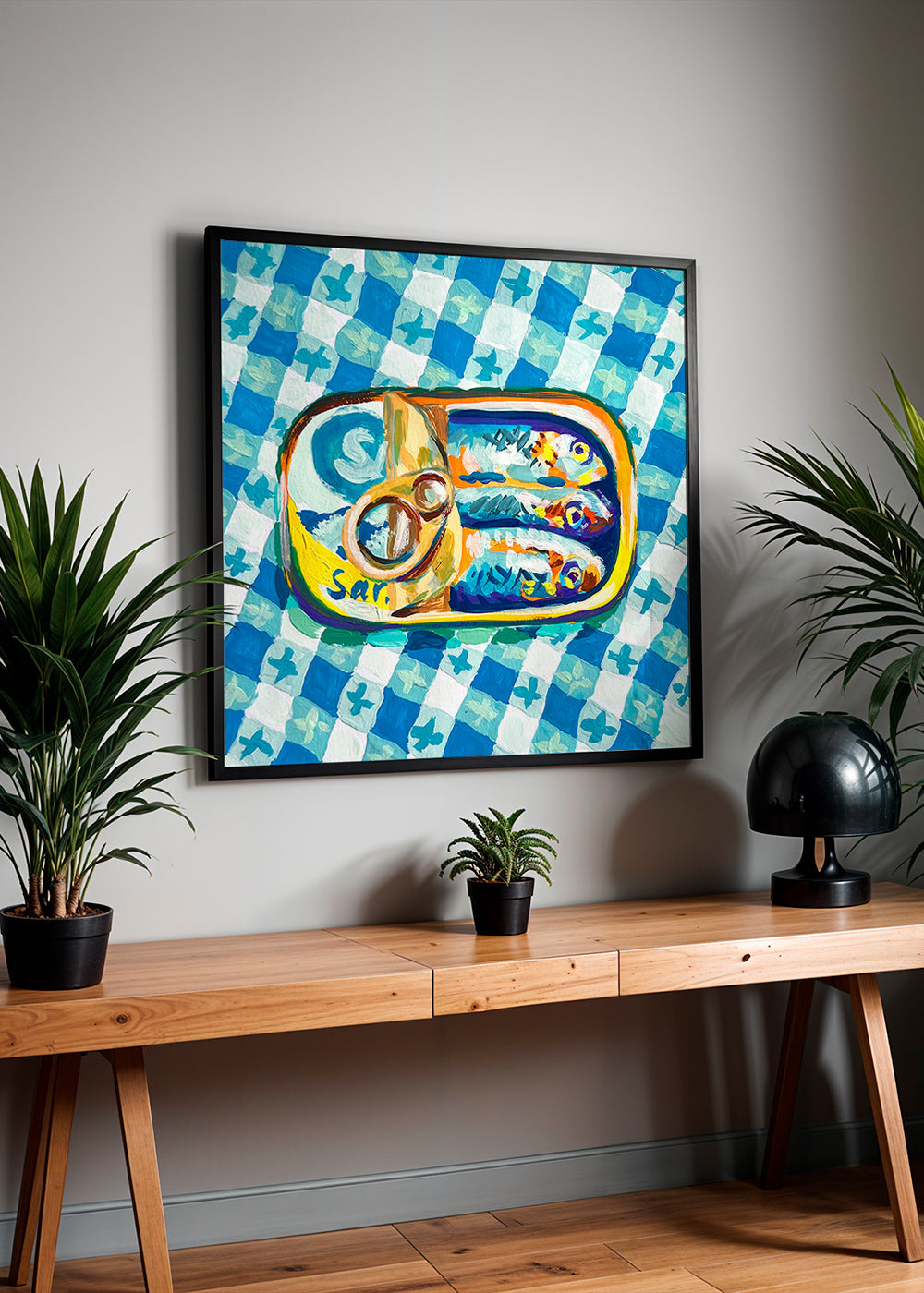 Cuadro de cocina: lata de sardinas sobre mantel a cuadros – Product1