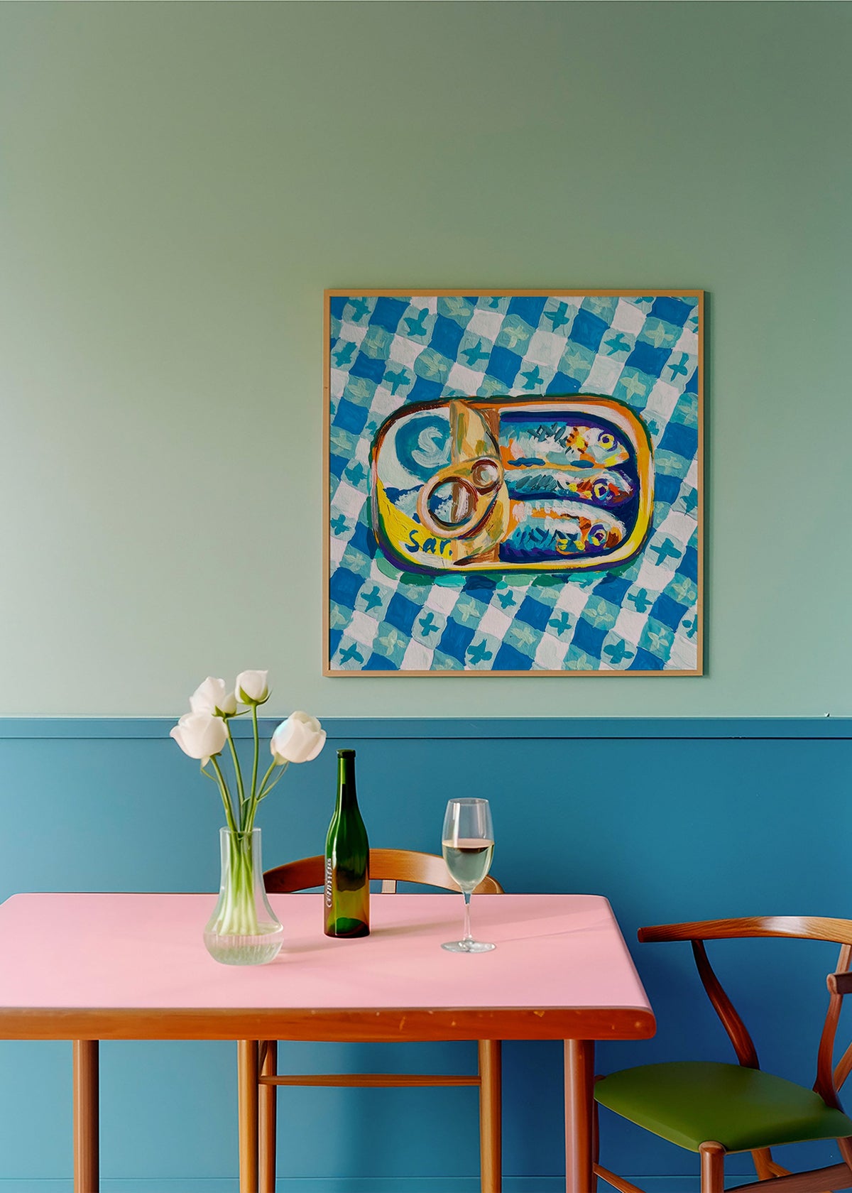 Cuadro de cocina: lata de sardinas sobre mantel a cuadros – Product2