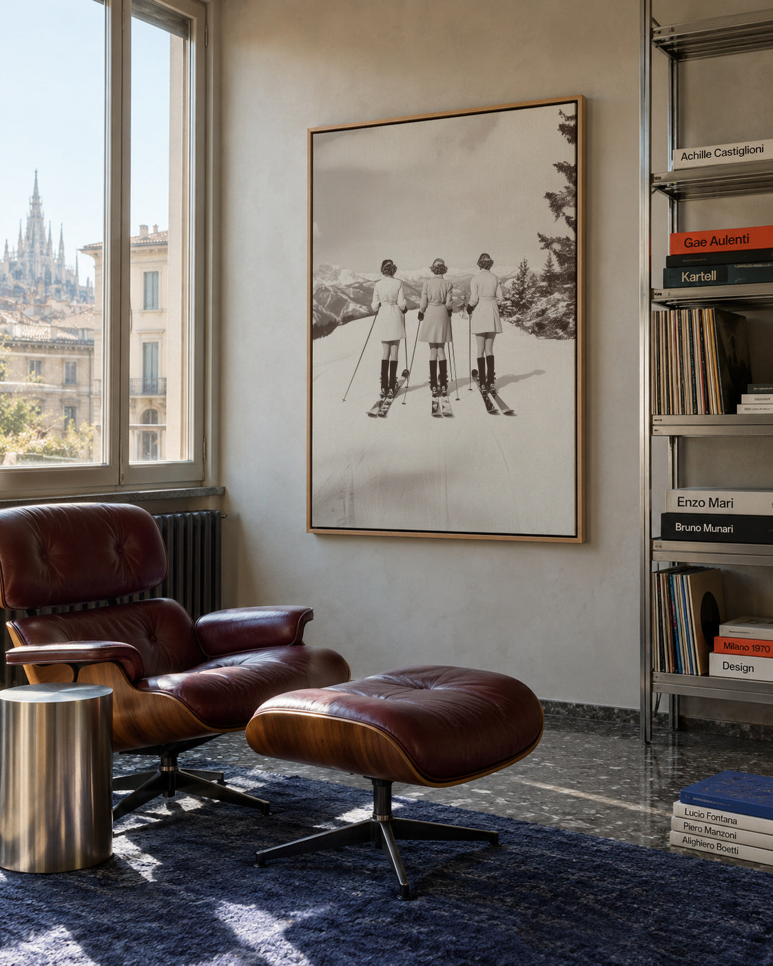 Vintage Glamour Skiers - Framed canvas in an interior