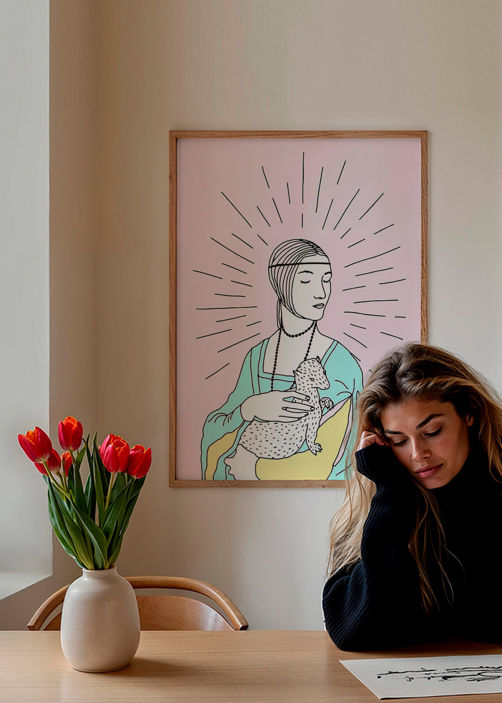 Ilustración: dama con armiño y fondo rosa – Product1