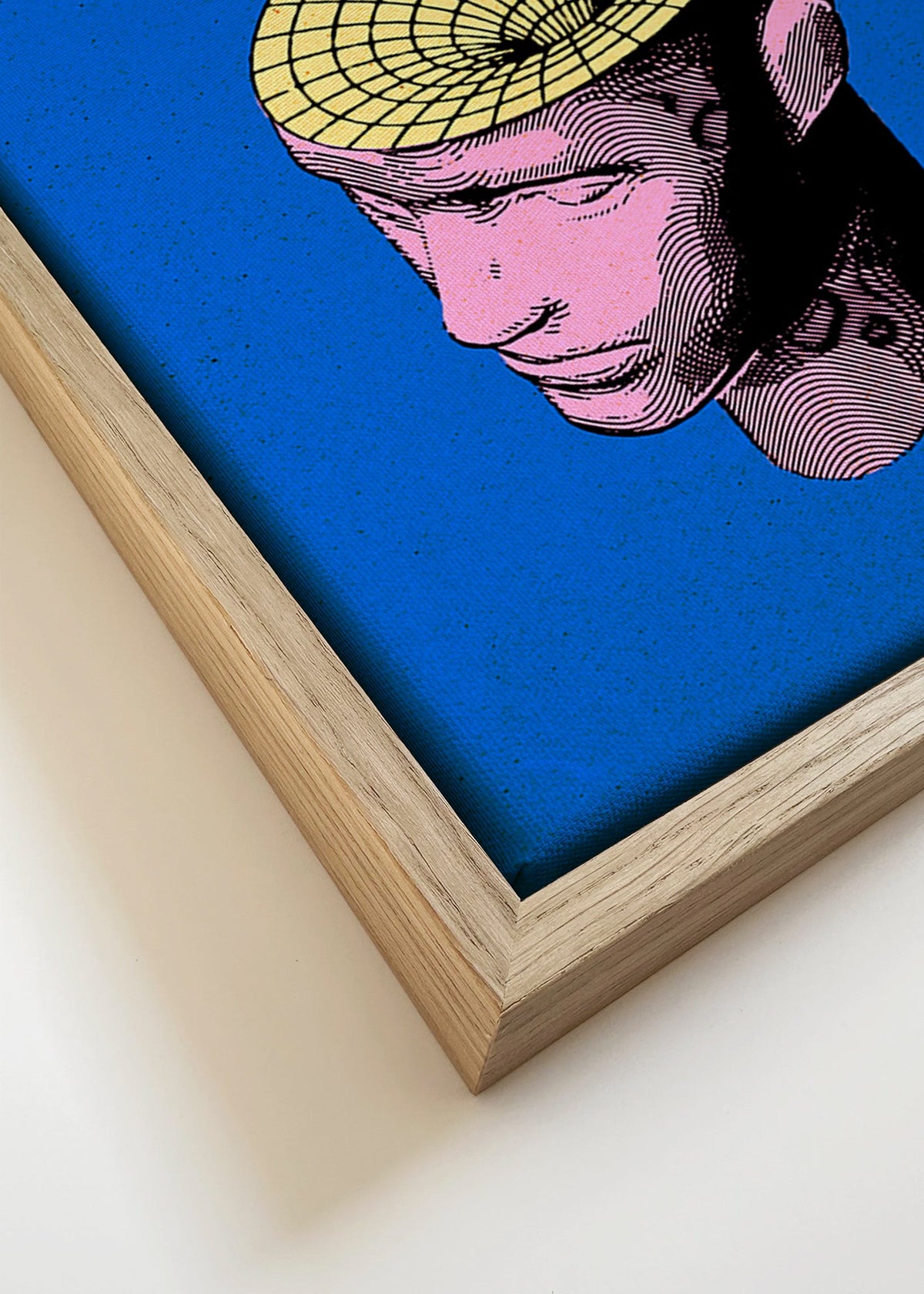 Ilustración surrealista de busto con planetas – Canvas detail