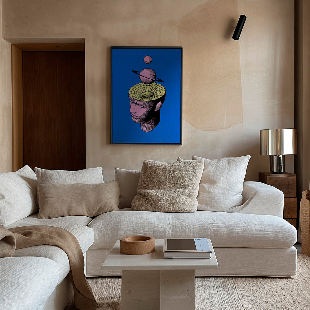 Ilustración surrealista de busto con planetas – Canvas1