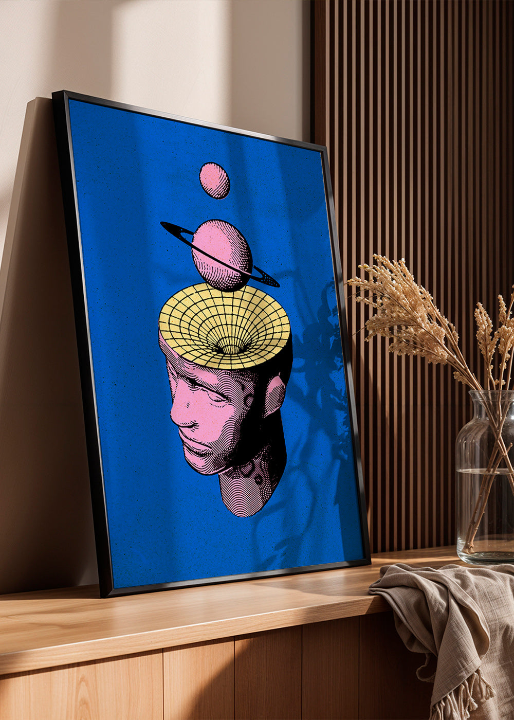 Ilustración surrealista de busto con planetas – Product1