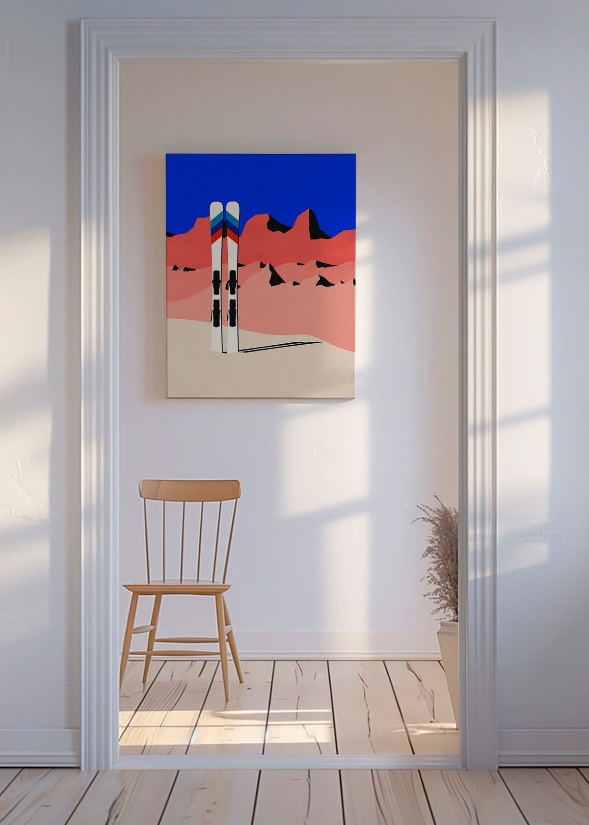 Cuadro deportivo con esquís sobre paisaje geométrico – Canvas
