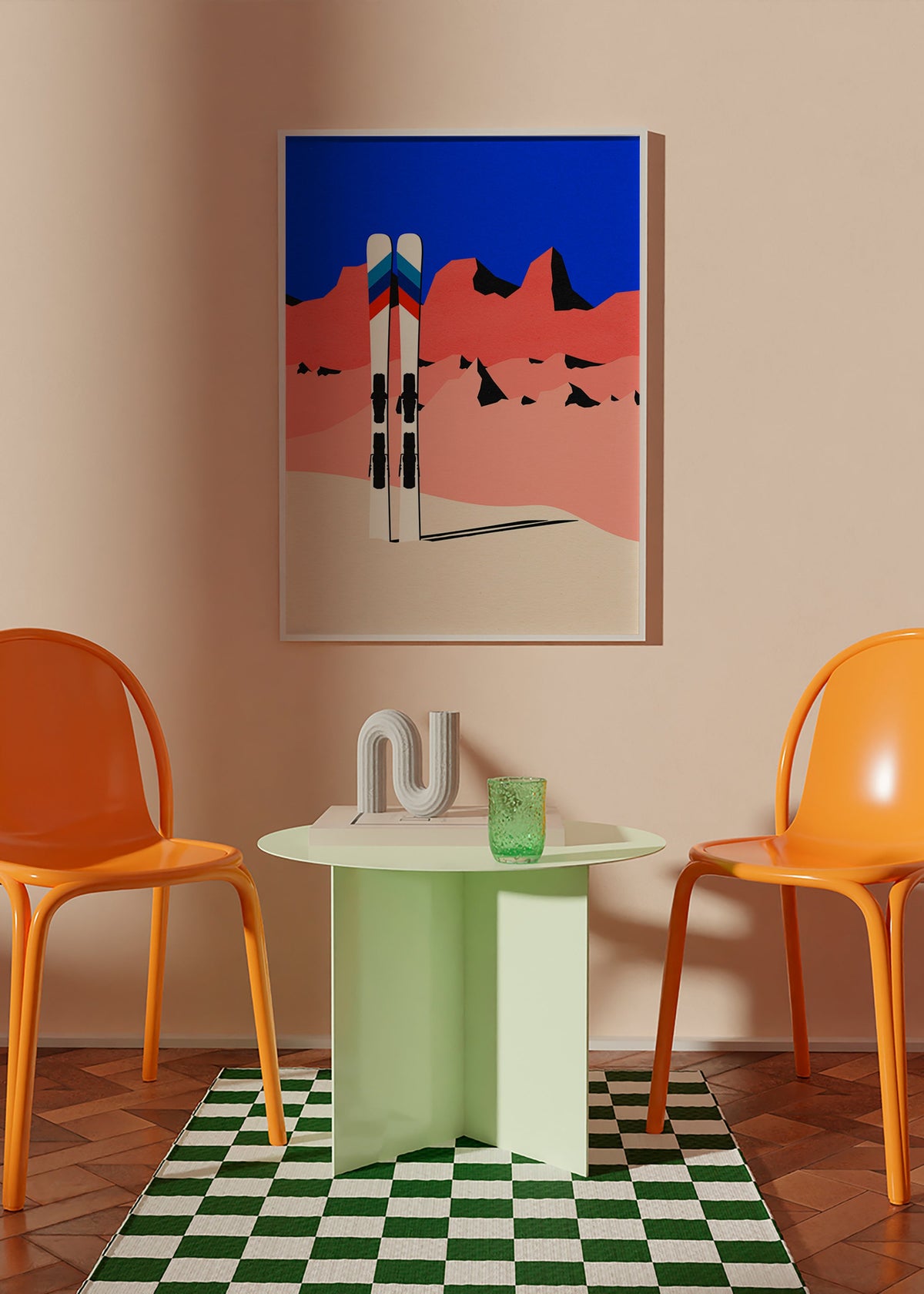 Cuadro deportivo con esquís sobre paisaje geométrico – Product1