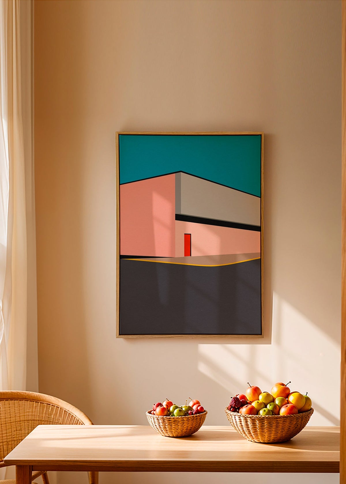 Ilustración minimal de fachada con puerta roja – Canvas1