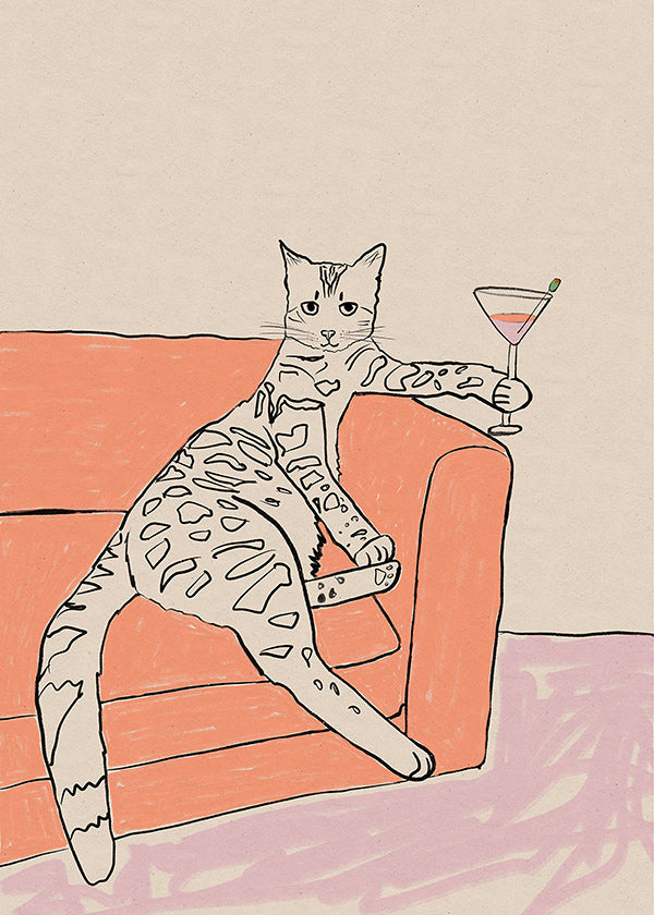 Cuadro de cocina: gato con cóctel sobre sofá