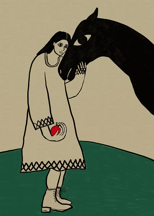 Cuadro de caballo con figura femenina y manzana