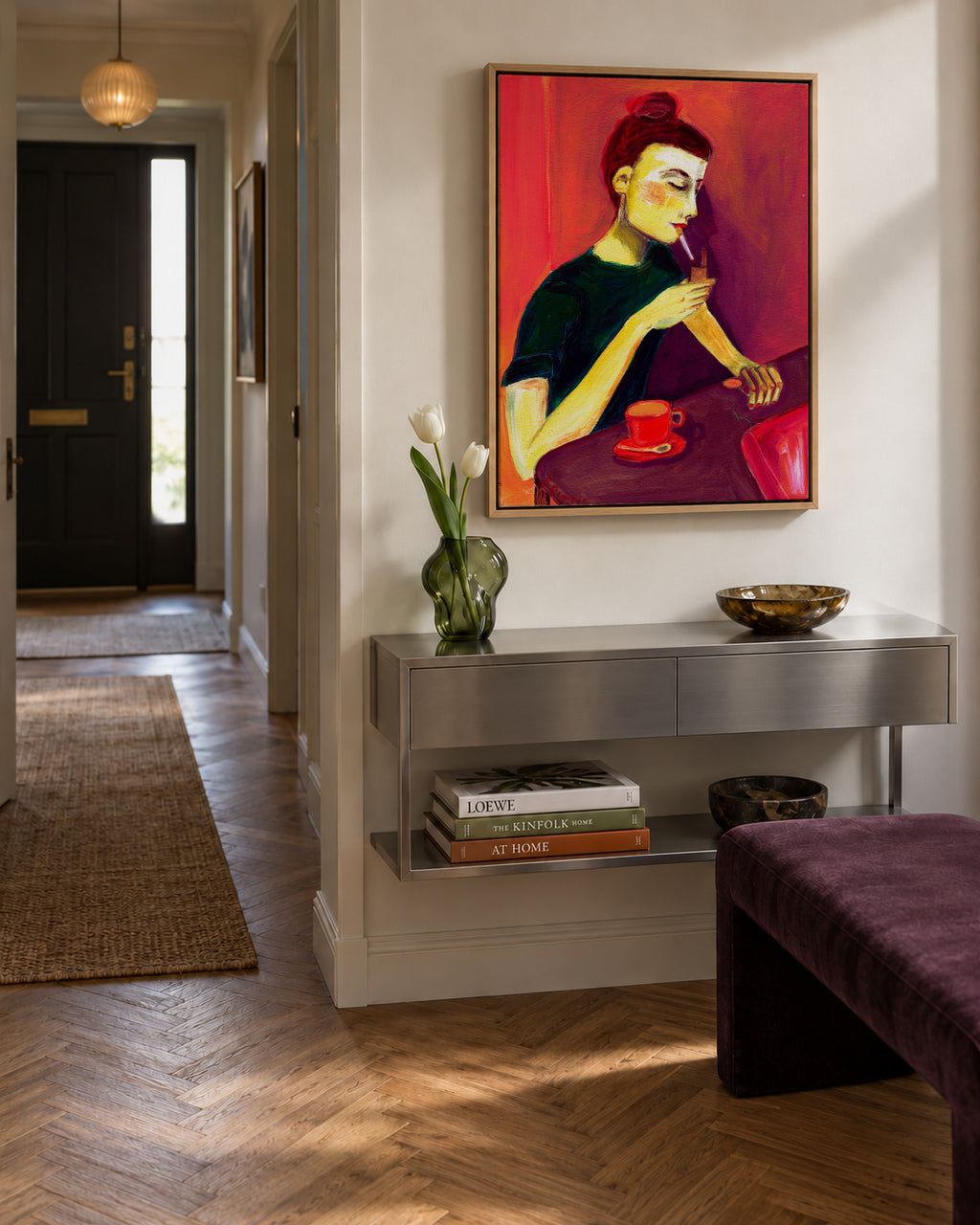 Lady lighting cigarette - Framed canvas in an interior