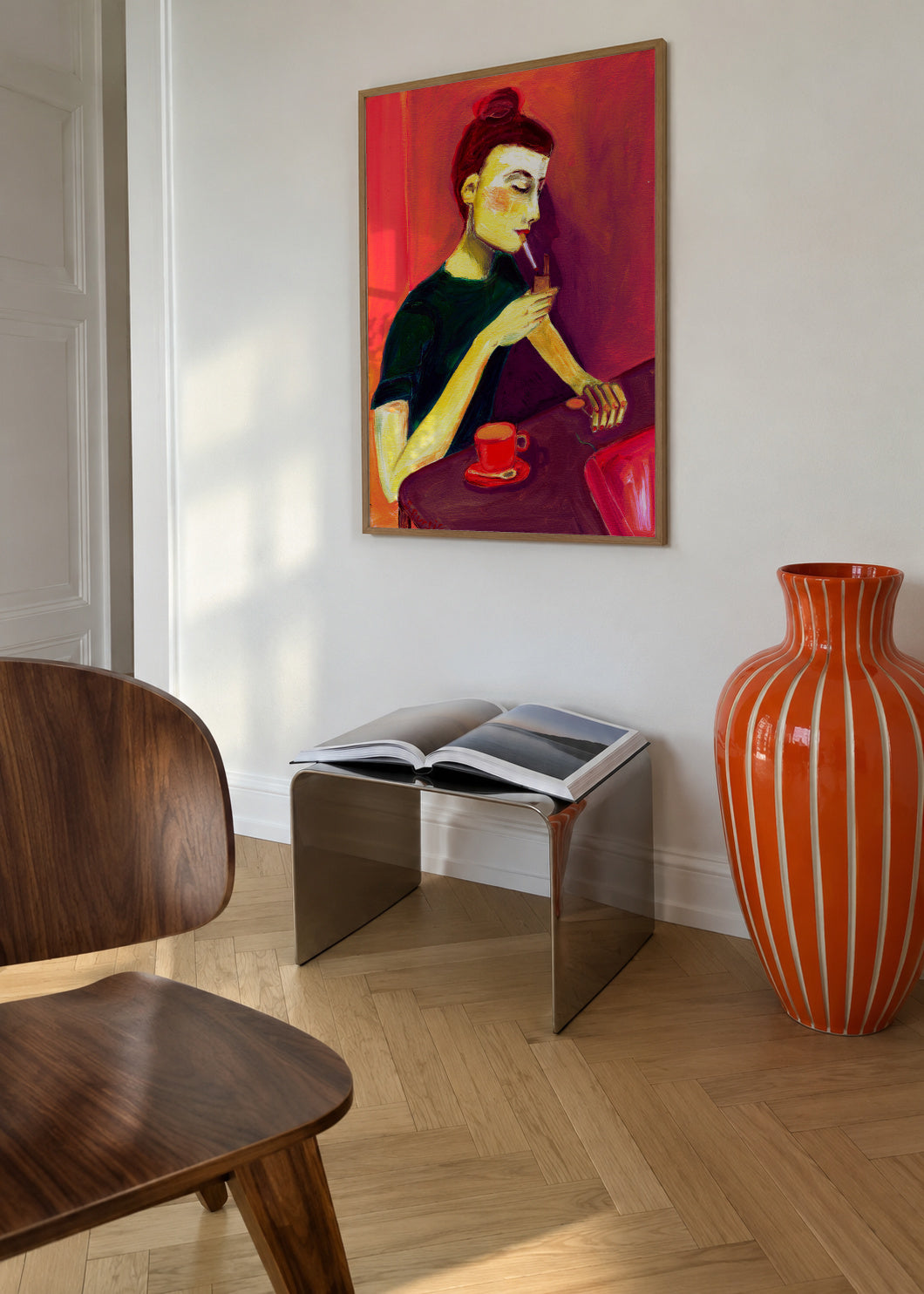 Lady lighting cigarette - Framed poster in an interior