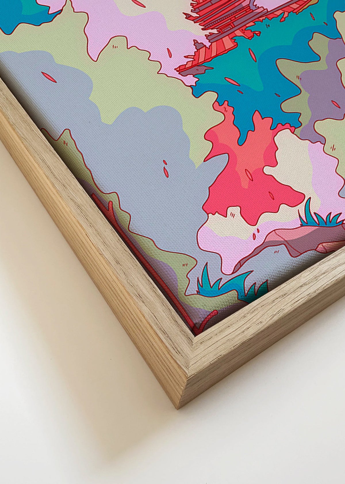 Ilustración de templo japonés en colores vibrantes – Canvas detail