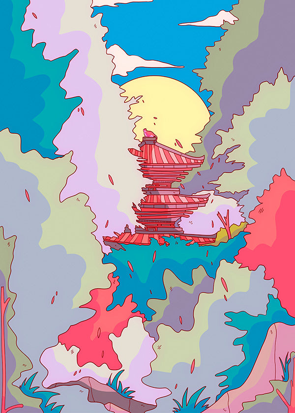 Ilustración de templo japonés en colores vibrantes