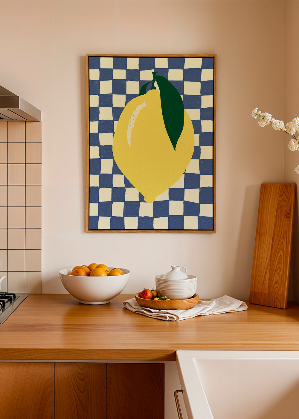 Cuadro de cocina con limón ilustrado y fondo ajedrezado – Canvas1