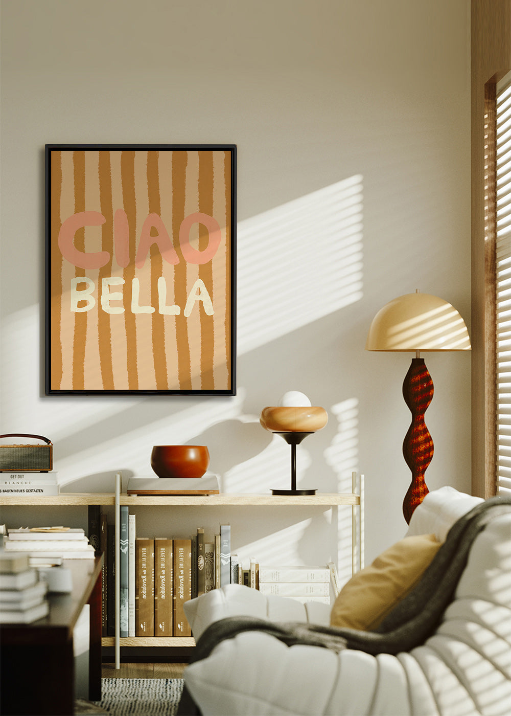Ilustración Ciao Bella con tipografía y rayas tostadas – Canvas2