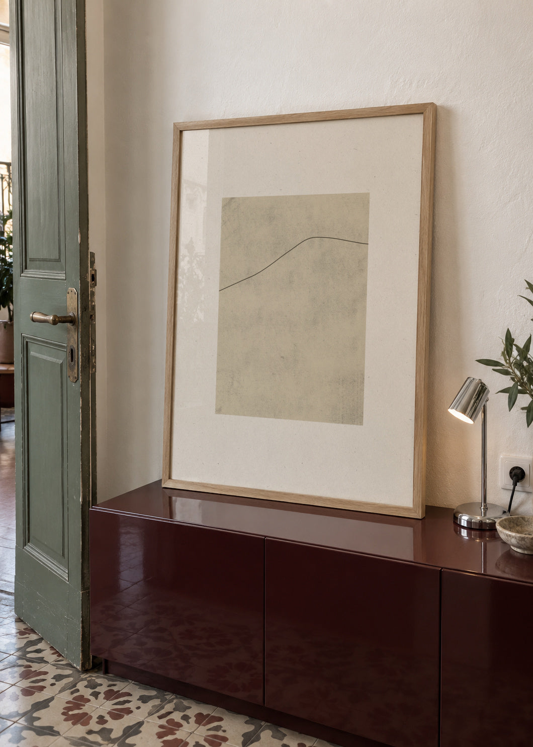 Line on Whispered Beige - Framed poster in an interior