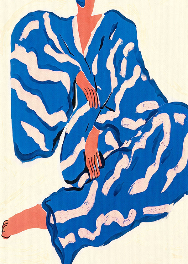 Ilustración de figura con bata azul y motivos orgánicos