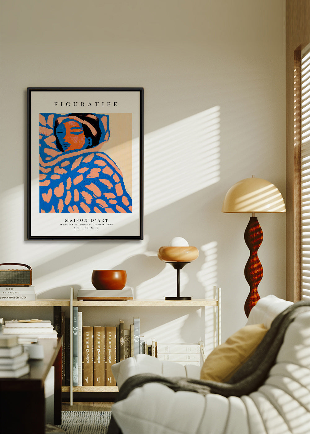 Ilustración figurativa en tonos coral y azul – Canvas1