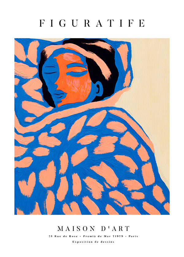 Ilustración figurativa en tonos coral y azul