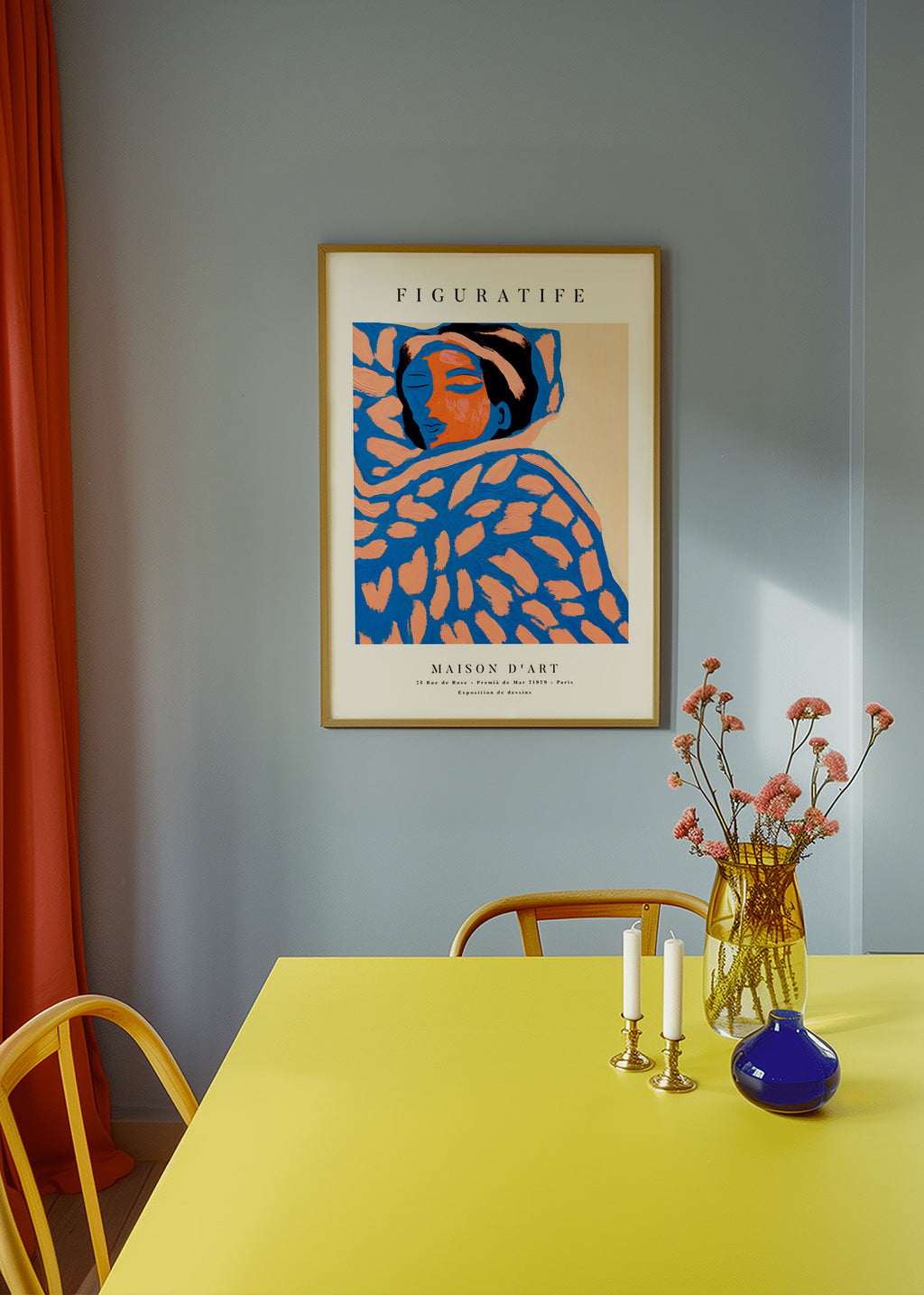 Ilustración figurativa en tonos coral y azul – Product2