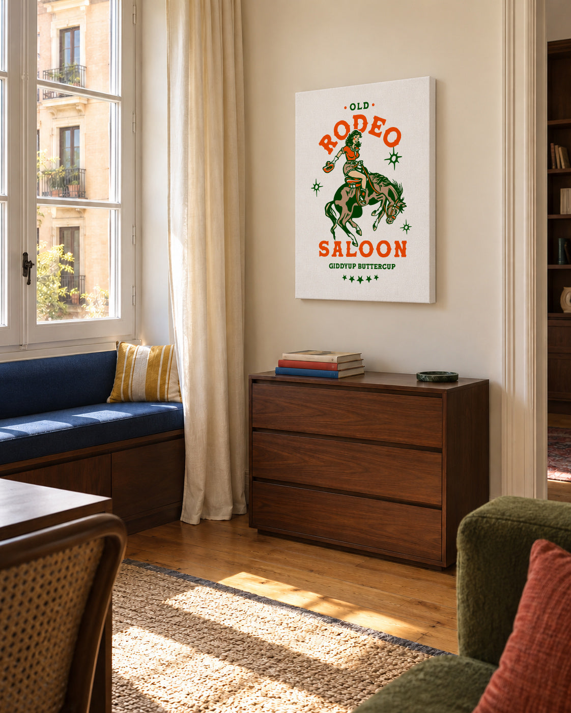 Old Rodeo Saloon Cowgirl: Giddyup Buttercup - Unframed canvas in an interior