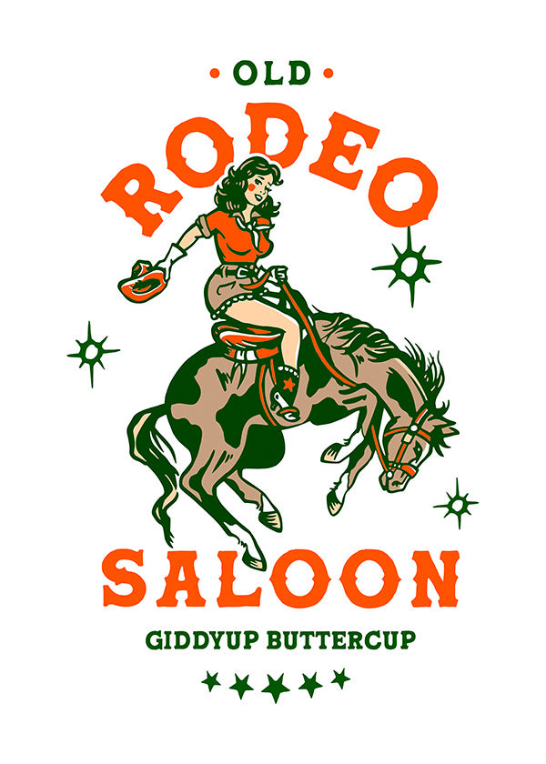 Cuadro vintage: rodeo con vaquera ilustrada