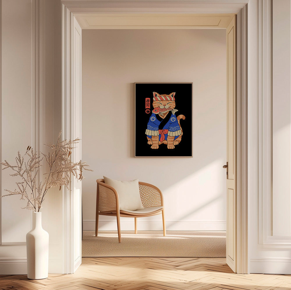 Cuadro gato ilustrado japonés con pez – Canvas2