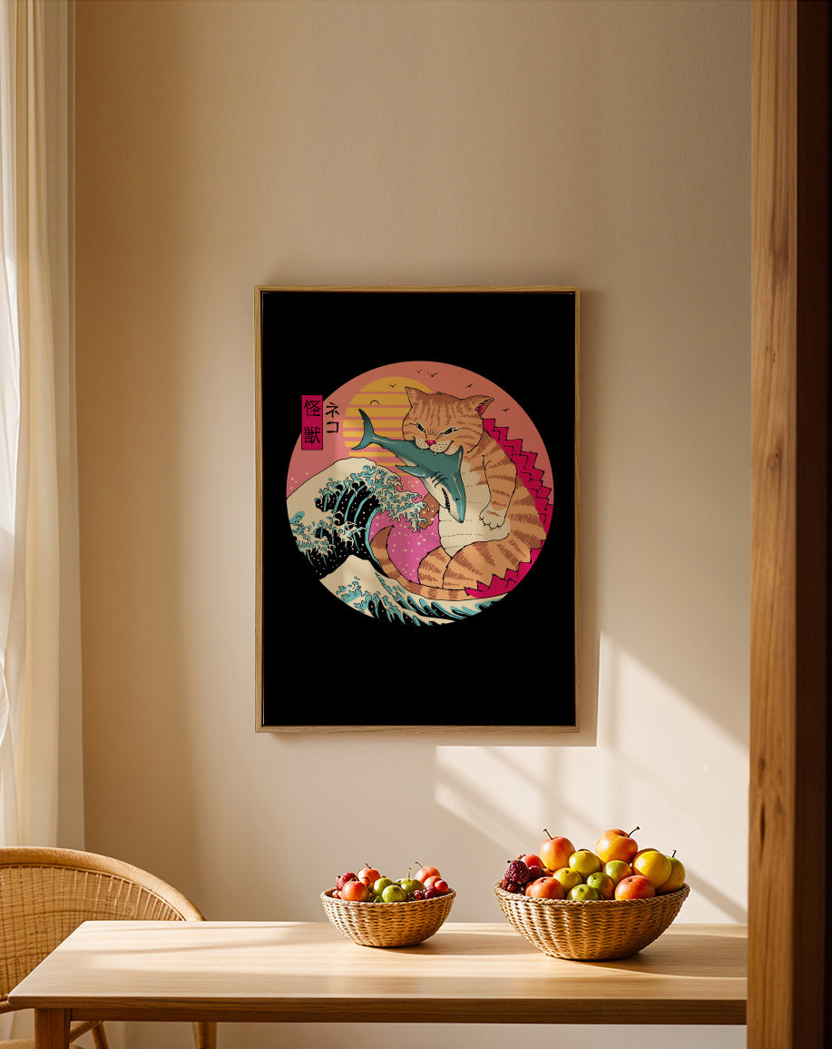 Neko Wave Kaiju By Vincent Trinidad Art - Framed canvas in an interior