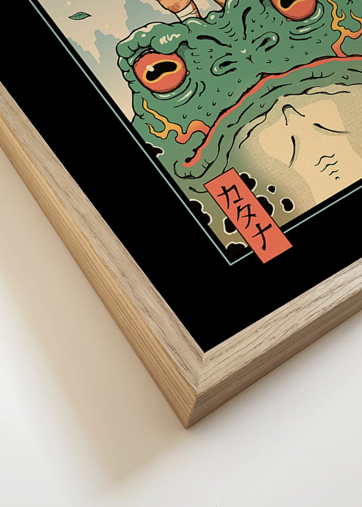 Cuadro gato samurái sobre rana ilustrada – Canvas detail