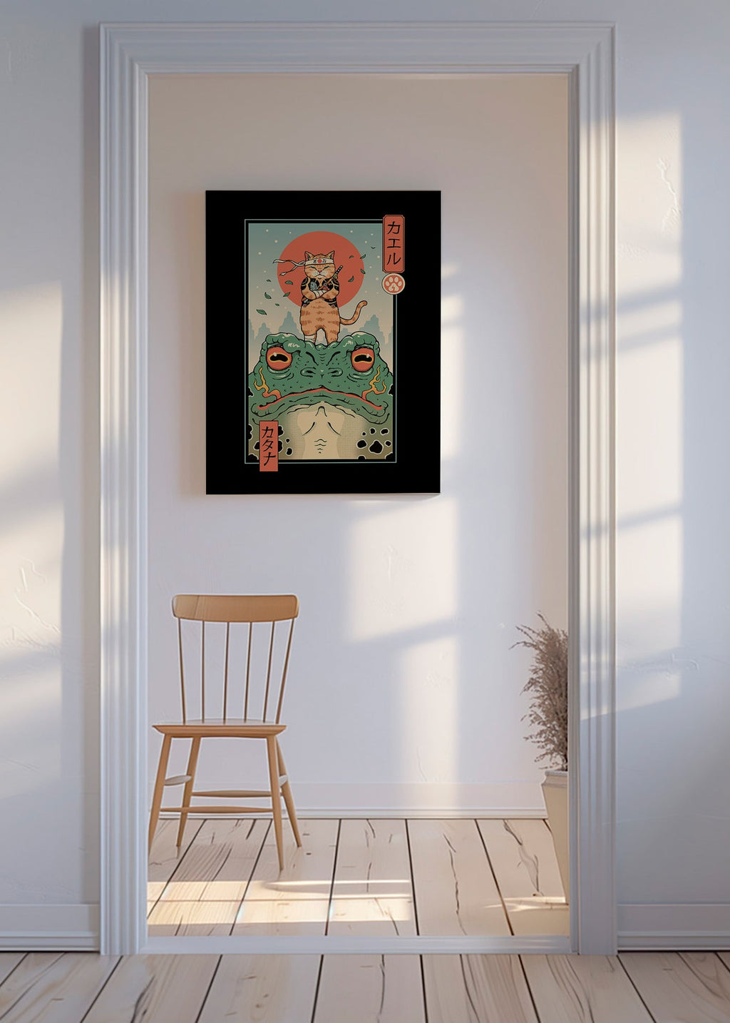 Cuadro gato samurái sobre rana ilustrada – Canvas